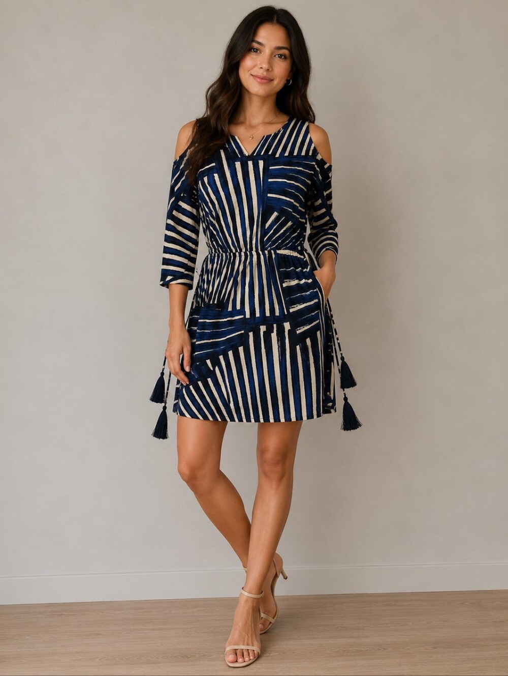 Calvin Klein Blue & White Striped Cold-Shoulder Dress